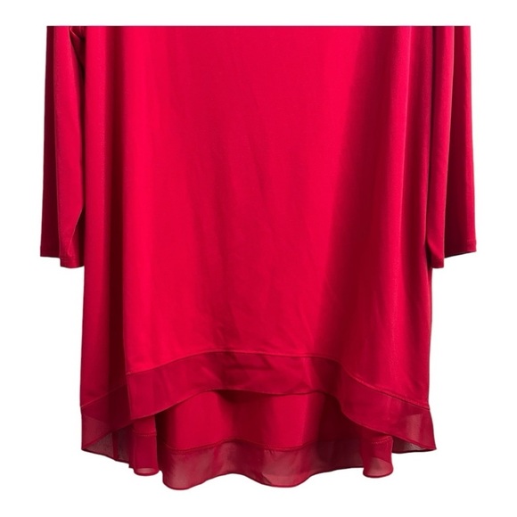 Chicos Cherry Red Demi Woven Mix Knit Top 3/4 Sleeve Hi Lo Hem Women Large - Picture 14 of 16